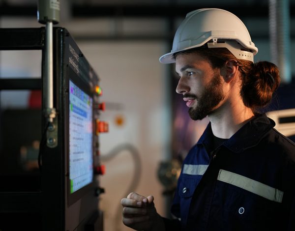 Personal de almacén revisando un pedido en ordenador